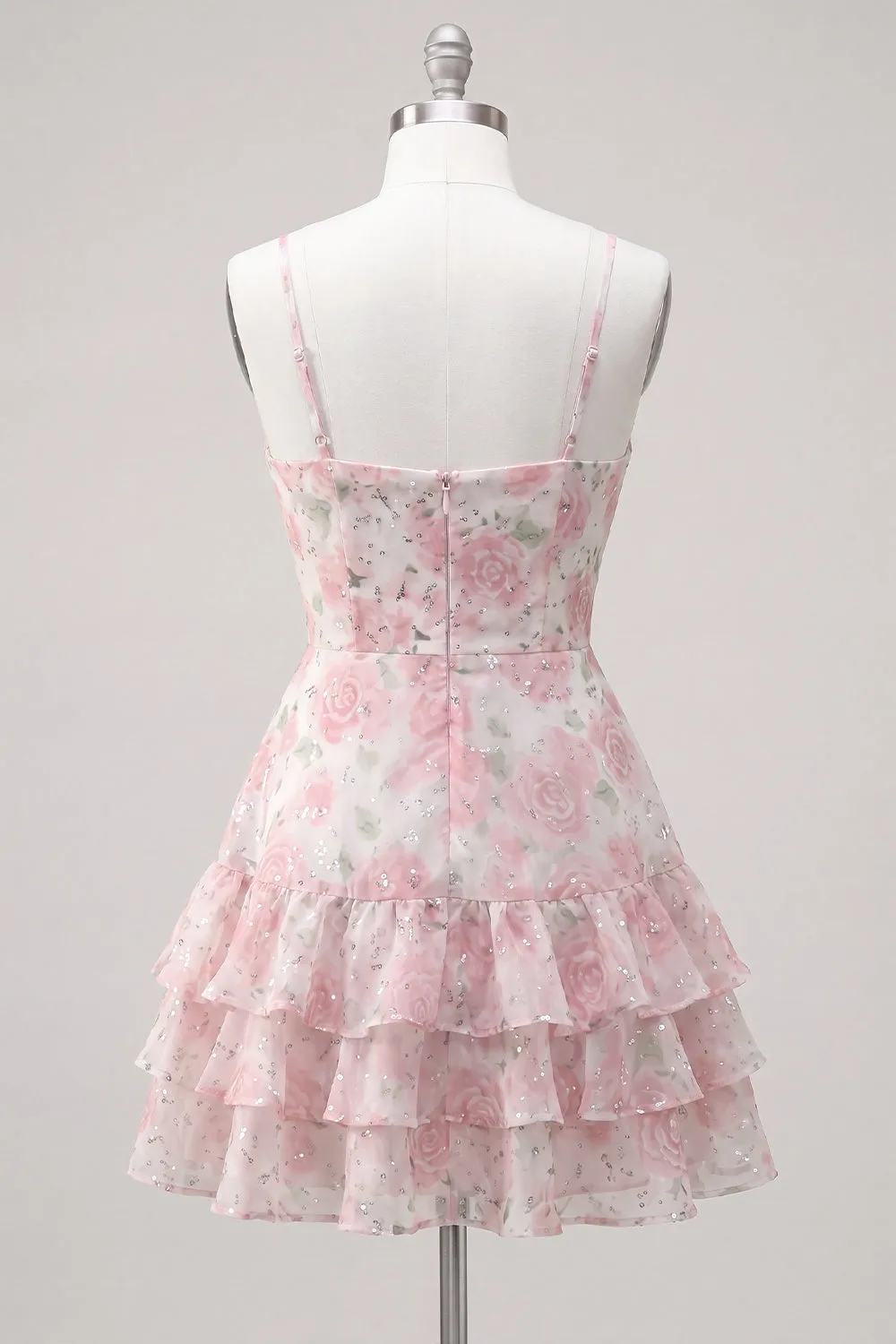 Pink Tiered A-Line Floral Spaghetti Straps Homecoming Dress with Ruffles sold by Zapaka product image thumbnail 2