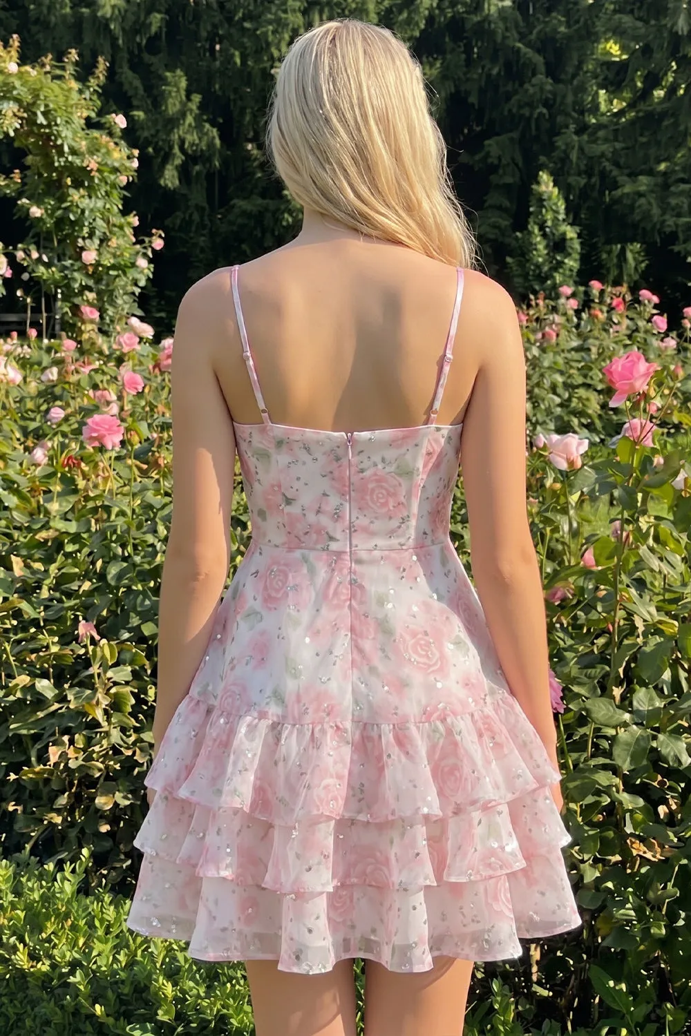 Pink Tiered A-Line Floral Spaghetti Straps Homecoming Dress with Ruffles sold by Zapaka product image thumbnail 4