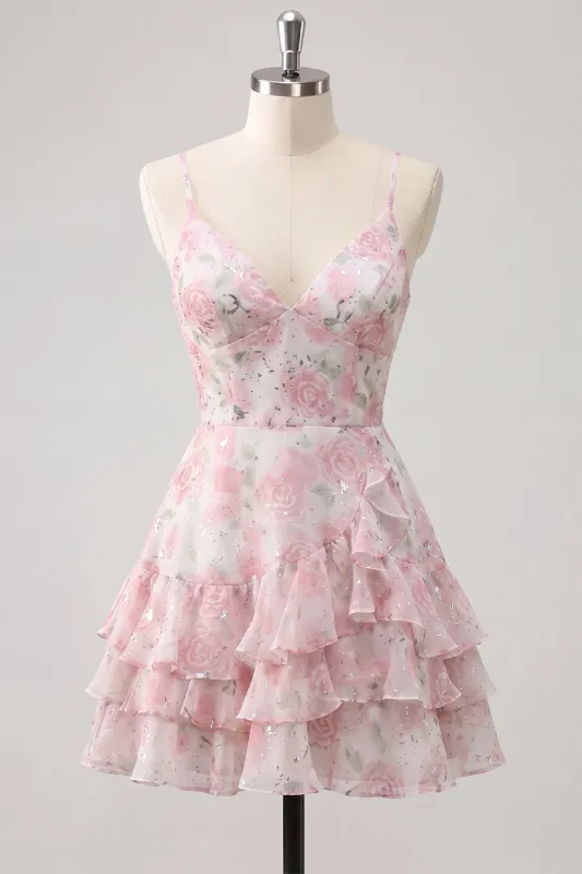 Pink Tiered A-Line Floral Spaghetti Straps Homecoming Dress with Ruffles made by Zapaka