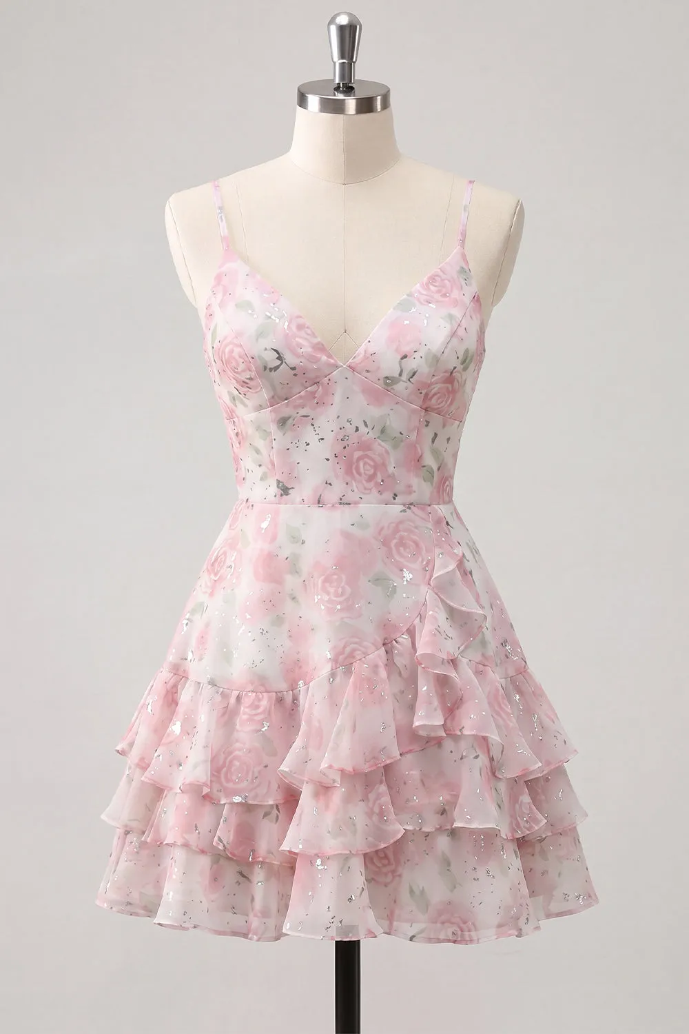 Pink Tiered A-Line Floral Spaghetti Straps Homecoming Dress with Ruffles sold by Zapaka