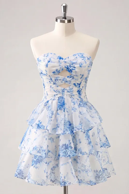 Light Blue Sweetheart Key Hole Tiered Floral Chiffon Homecoming Dress made by Zapaka