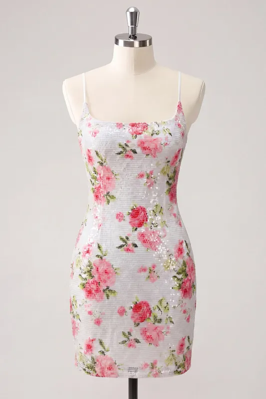 Sparkly White Bodycon Spaghetti Straps Floral Sequins Homecoming Dress with Lace Up Back made by Zapaka