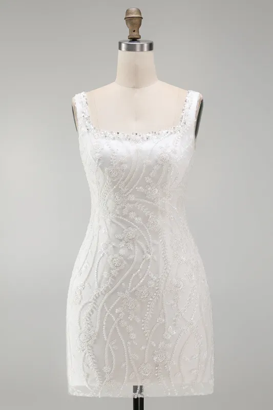 Sparkly Pearl White Thick Straps Floral Beaded Tight Short Homecoming Dress made by Zapaka