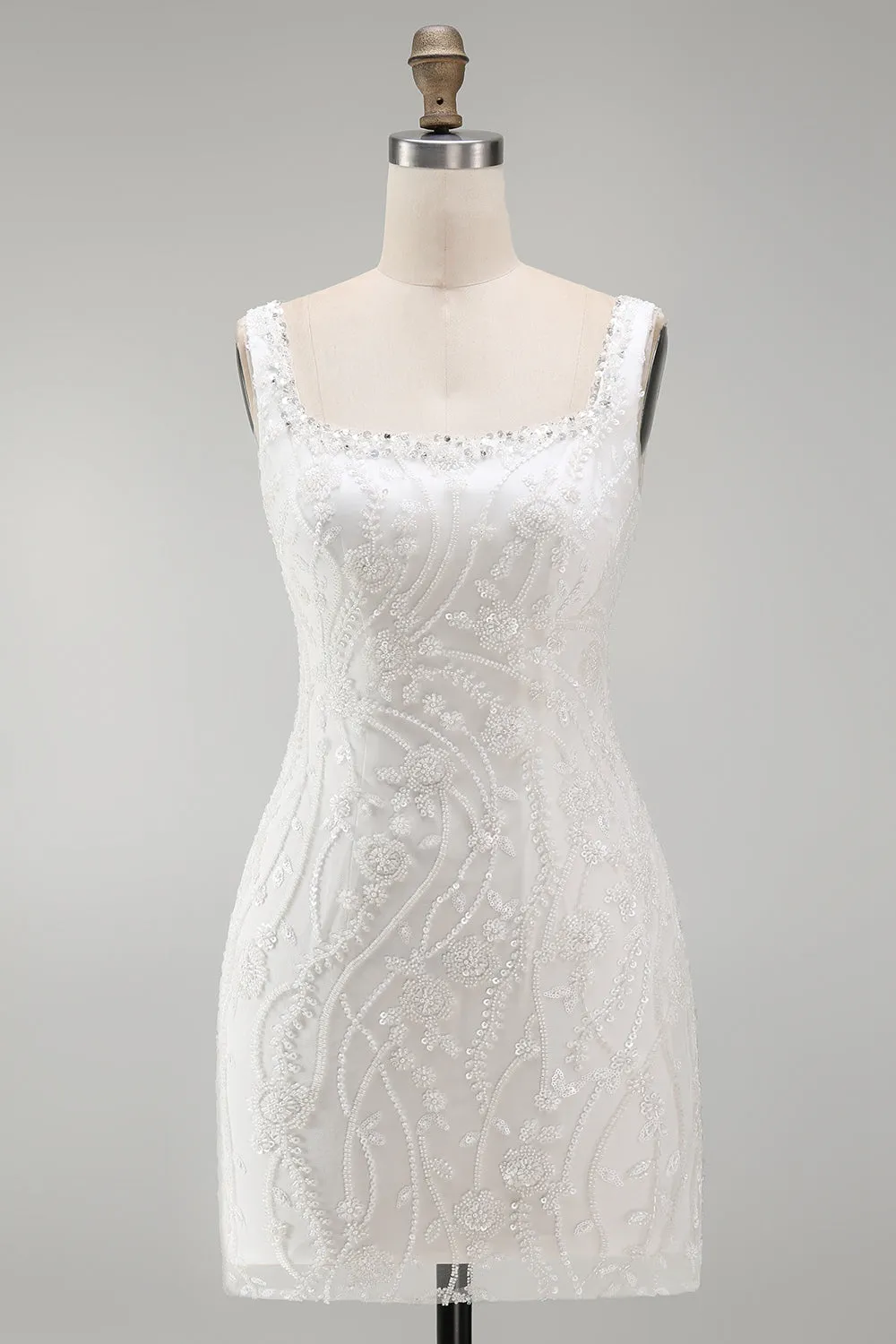 Sparkly Pearl White Thick Straps Floral Beaded Tight Short Homecoming Dress sold by Zapaka