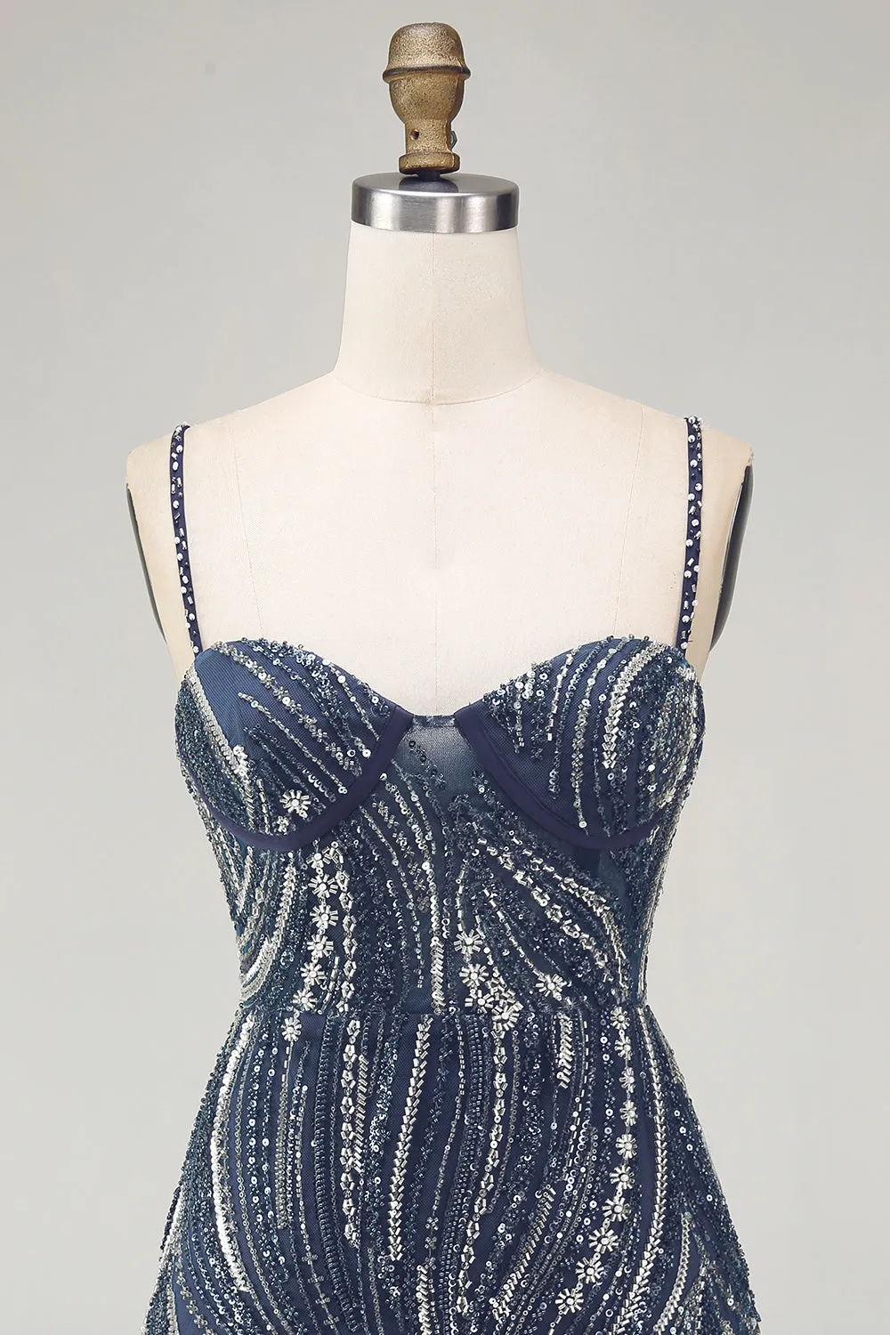Sparkly Navy Pearl Spaghetti Straps Beaded Short Homecoming Dress with Sequins sold by Zapaka product image thumbnail 4
