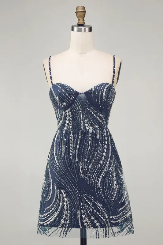 Sparkly Navy Pearl Spaghetti Straps Beaded Short Homecoming Dress with Sequins made by Zapaka