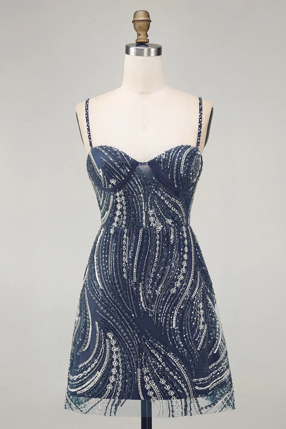 Sparkly Navy Pearl Spaghetti Straps Beaded Short Homecoming Dress with Sequins sold by Zapaka