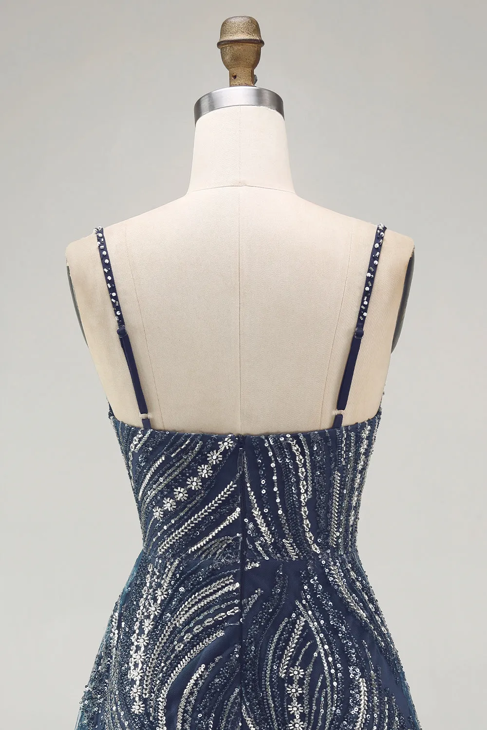 Sparkly Navy Pearl Spaghetti Straps Beaded Short Homecoming Dress with Sequins sold by Zapaka product image thumbnail 5