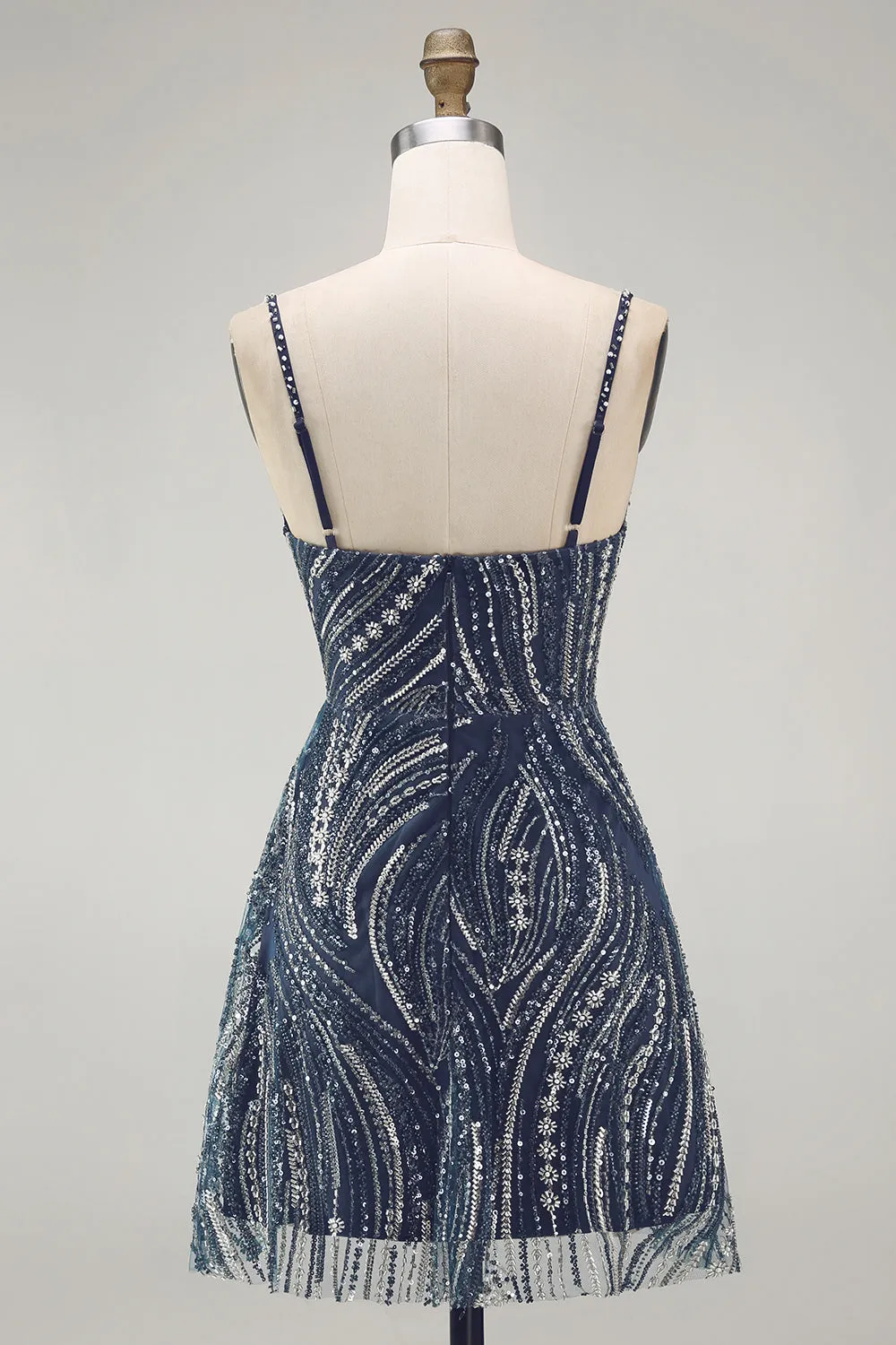 Sparkly Navy Pearl Spaghetti Straps Beaded Short Homecoming Dress with Sequins sold by Zapaka product image thumbnail 2