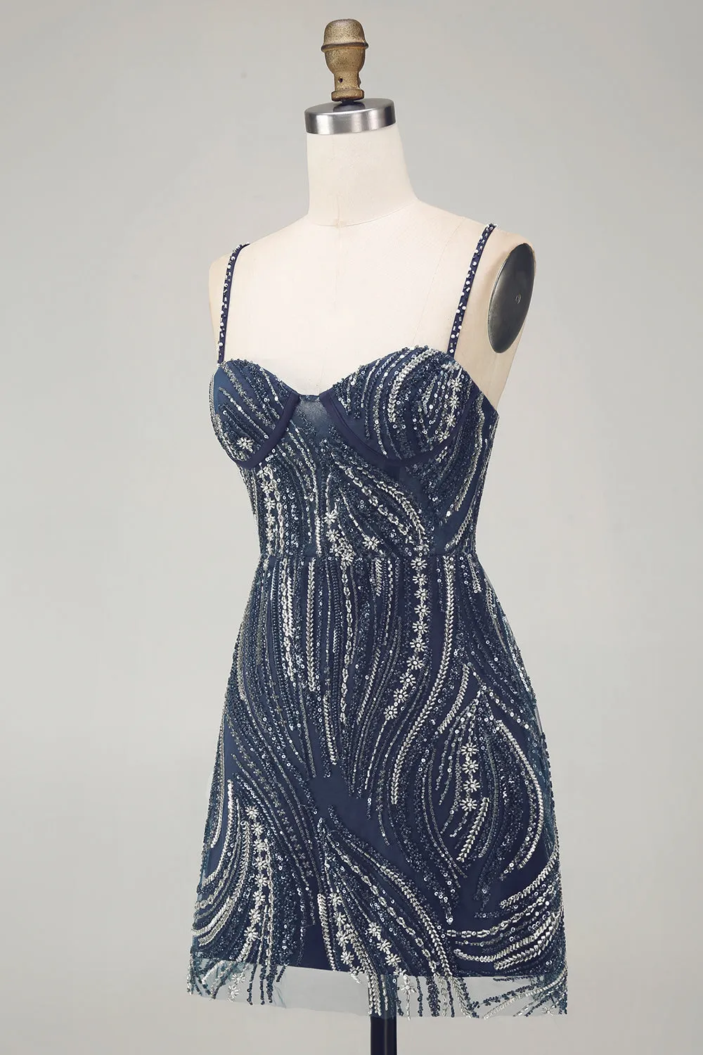 Sparkly Navy Pearl Spaghetti Straps Beaded Short Homecoming Dress with Sequins sold by Zapaka product image thumbnail 3