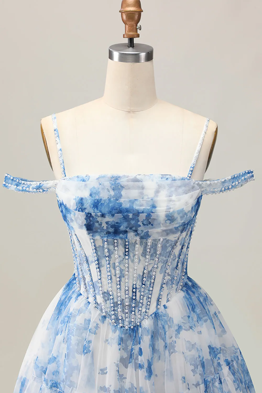 White Blue Flower A-Line Cold Shoulder Pearl Beaded Short Homecoming Dress sold by Zapaka product image thumbnail 4