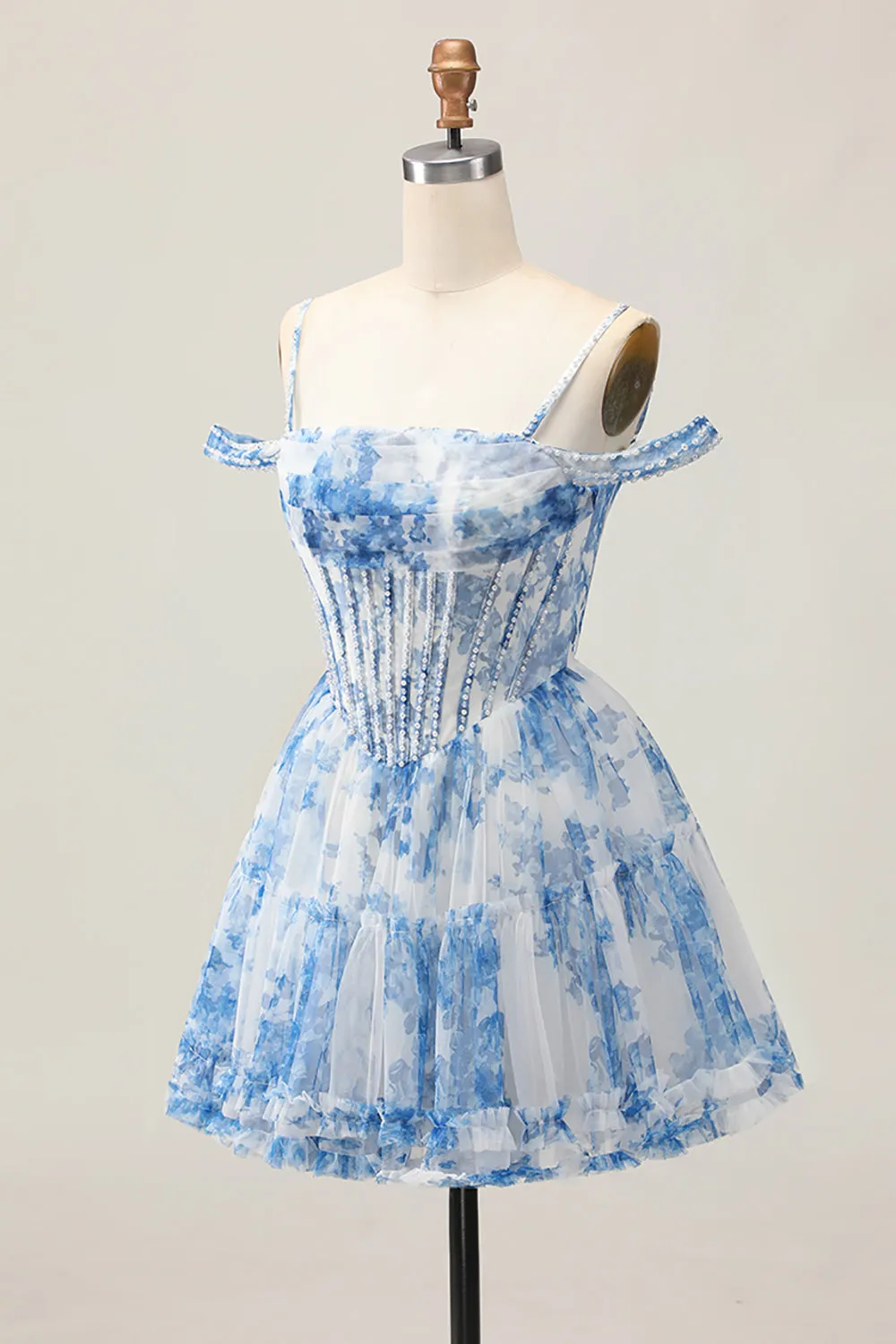 White Blue Flower A-Line Cold Shoulder Pearl Beaded Short Homecoming Dress sold by Zapaka product image thumbnail 3