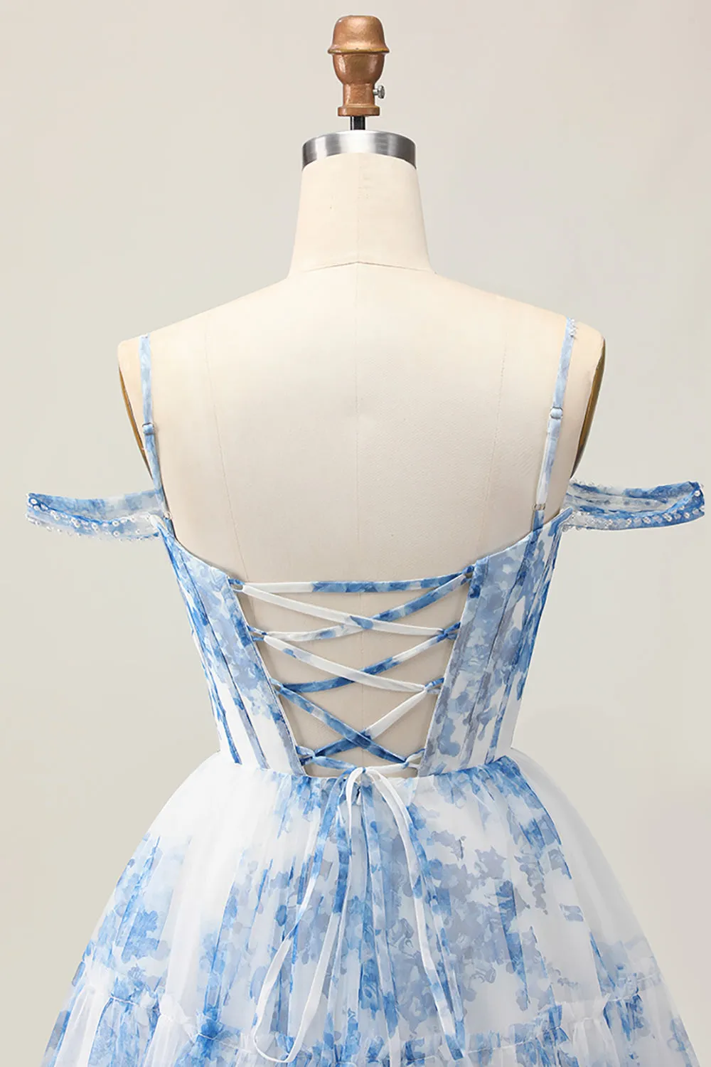White Blue Flower A-Line Cold Shoulder Pearl Beaded Short Homecoming Dress sold by Zapaka product image thumbnail 5