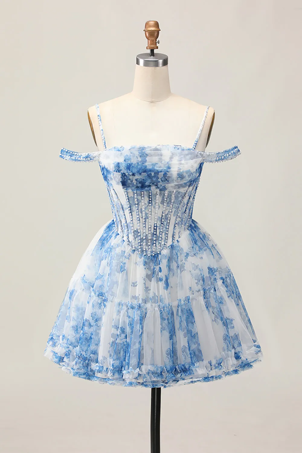White Blue Flower A-Line Cold Shoulder Pearl Beaded Short Homecoming Dress sold by Zapaka