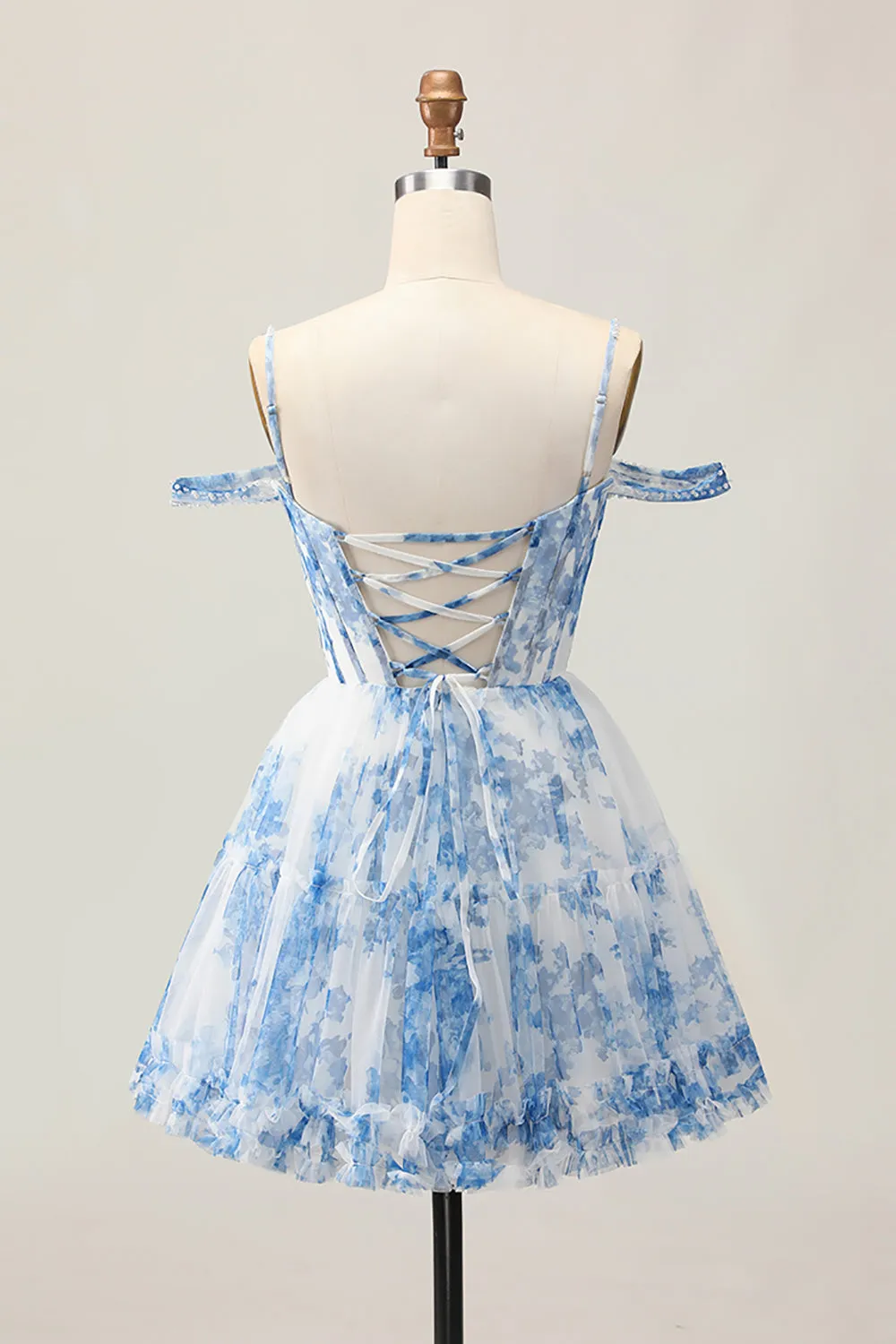 White Blue Flower A-Line Cold Shoulder Pearl Beaded Short Homecoming Dress sold by Zapaka product image thumbnail 2
