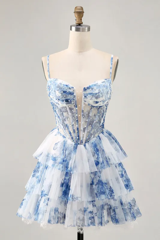 White Blue Flower A Line Tiered Beaded Corset Short Homecoming Dress with Pearls made by Zapaka