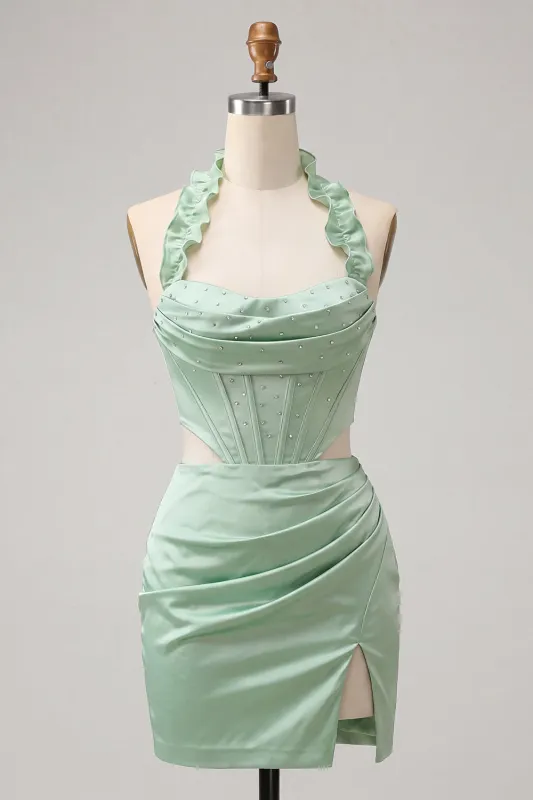 Halter Corset Bodycon Mint Green Ruched Short Homecoming Dress with Slit made by Zapaka