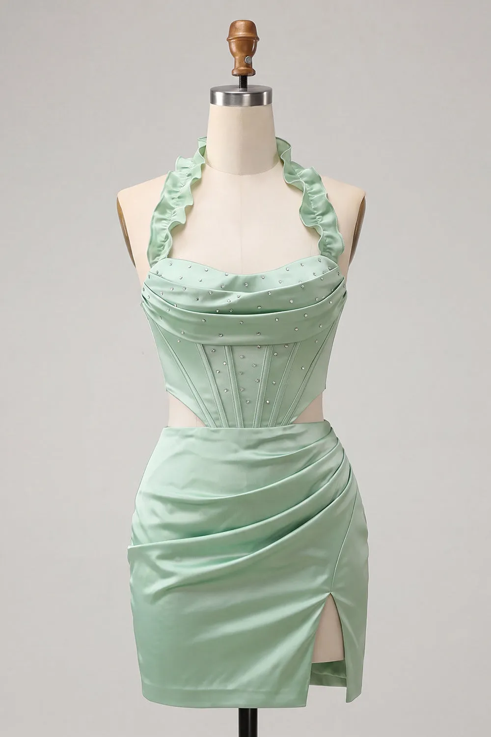 Halter Corset Bodycon Mint Green Ruched Short Homecoming Dress with Slit sold by Zapaka