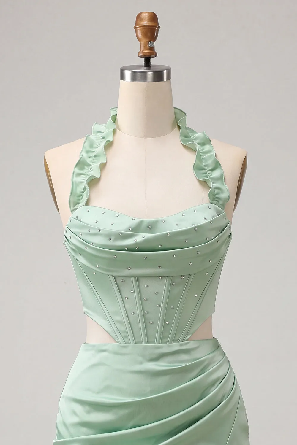 Halter Corset Bodycon Mint Green Ruched Short Homecoming Dress with Slit sold by Zapaka product image thumbnail 5