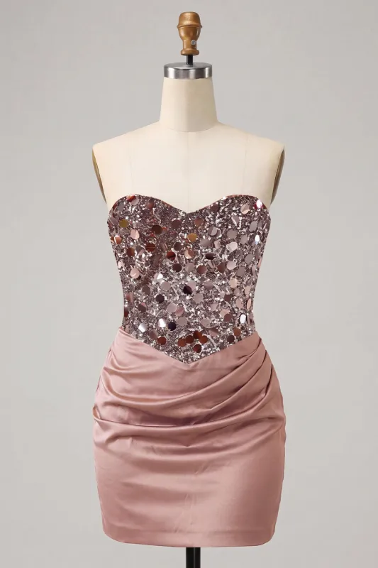 Sweetheart Champagne Sequins Bodycon Mini Homecoming Dress made by Zapaka
