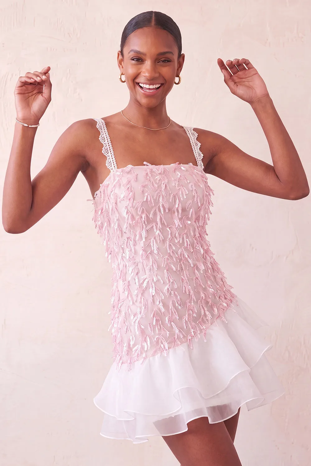 Pink Bodycon Ruffled Short Sequin Homecoming Dress with Lace Up Back sold by Zapaka