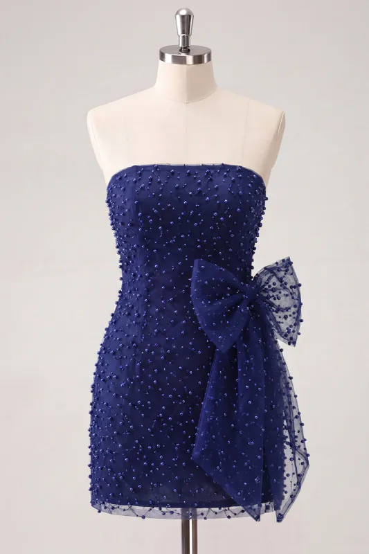 Navy Strapless Beaded Tight Lace Up Back Short Homecoming Dress with Bow made by Zapaka