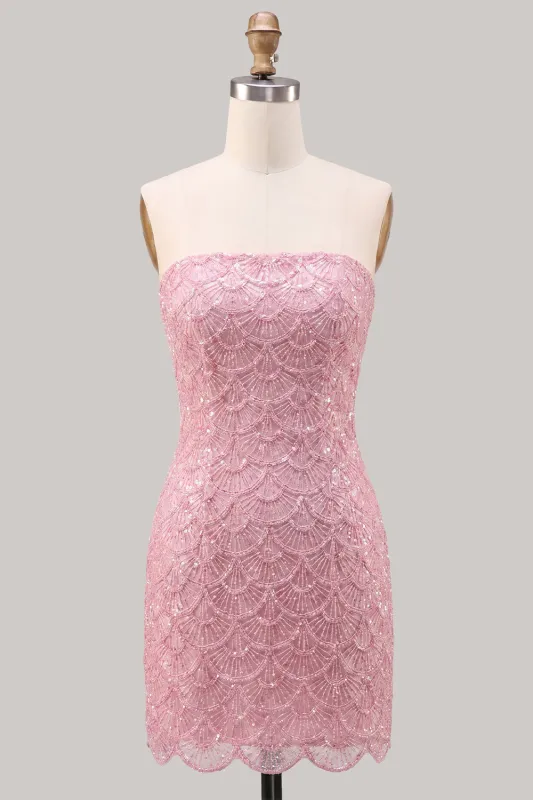 Strapless Pink Tight Floral Lace Up Back Short Homecoming Dress with Lace Up Back made by Zapaka