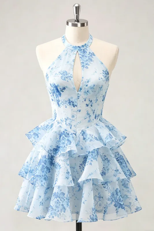 Blue Flower A-Line Halter Neck Tiered Chiffon Cut Out Homecoming Dress made by Zapaka