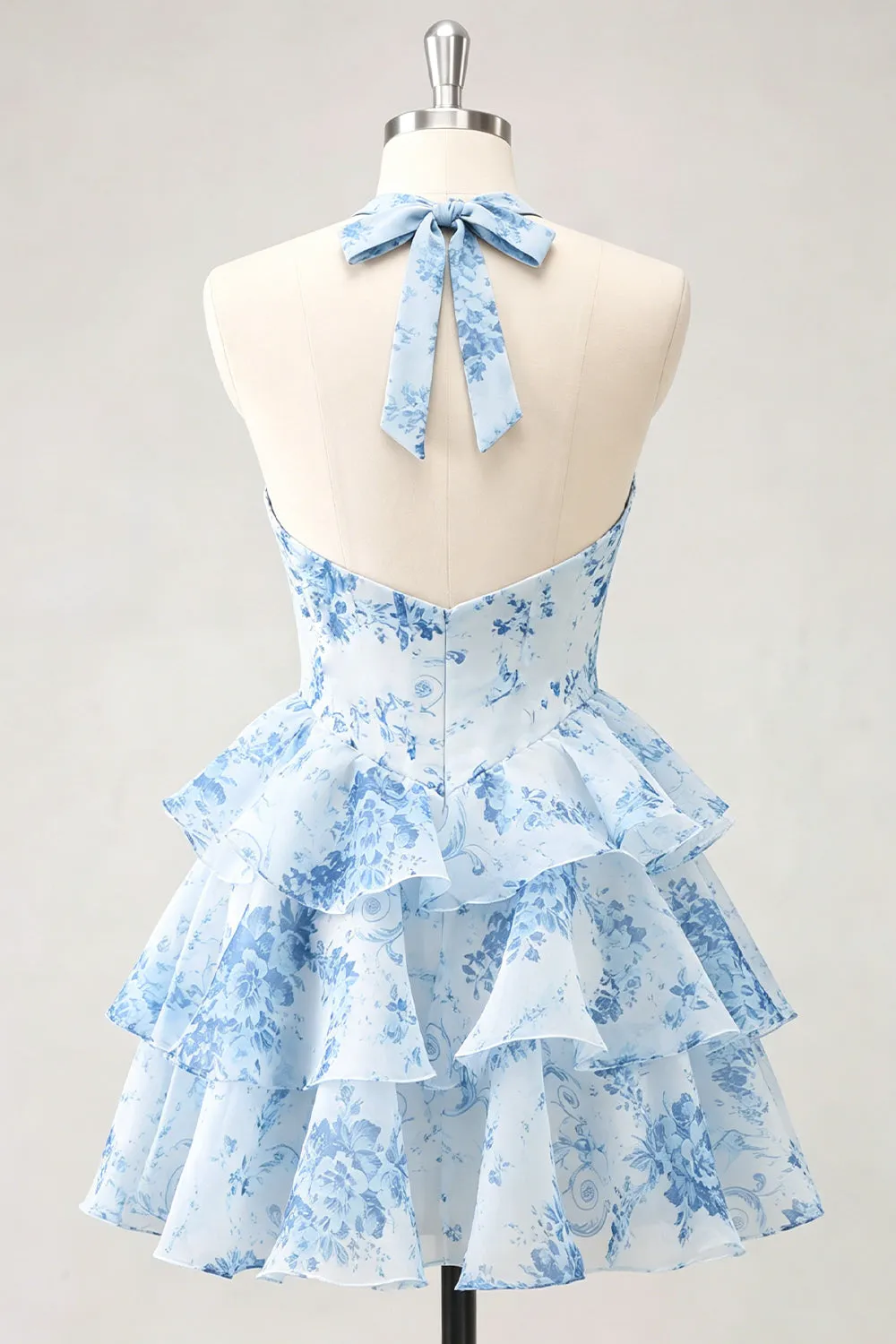 Blue Flower A-Line Halter Neck Tiered Chiffon Cut Out Homecoming Dress sold by Zapaka product image thumbnail 2
