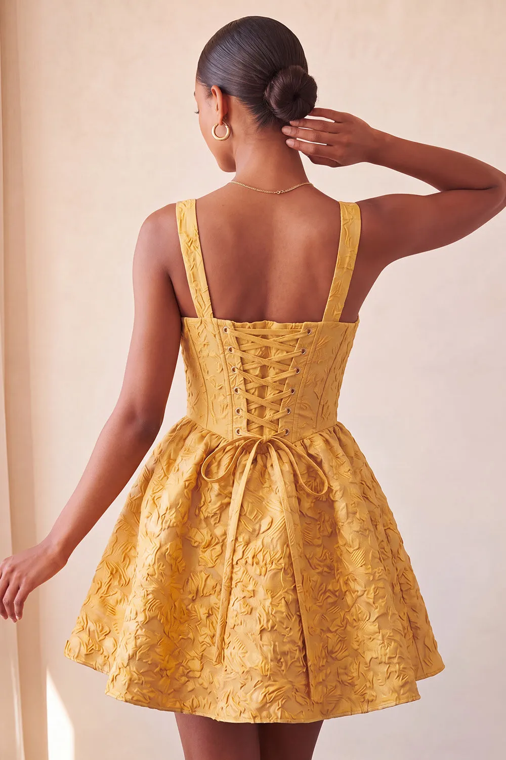 A-Line Jacquard Yellow Floral Lace Up Back Homecoming Dress with Bow sold by Zapaka product image thumbnail 4