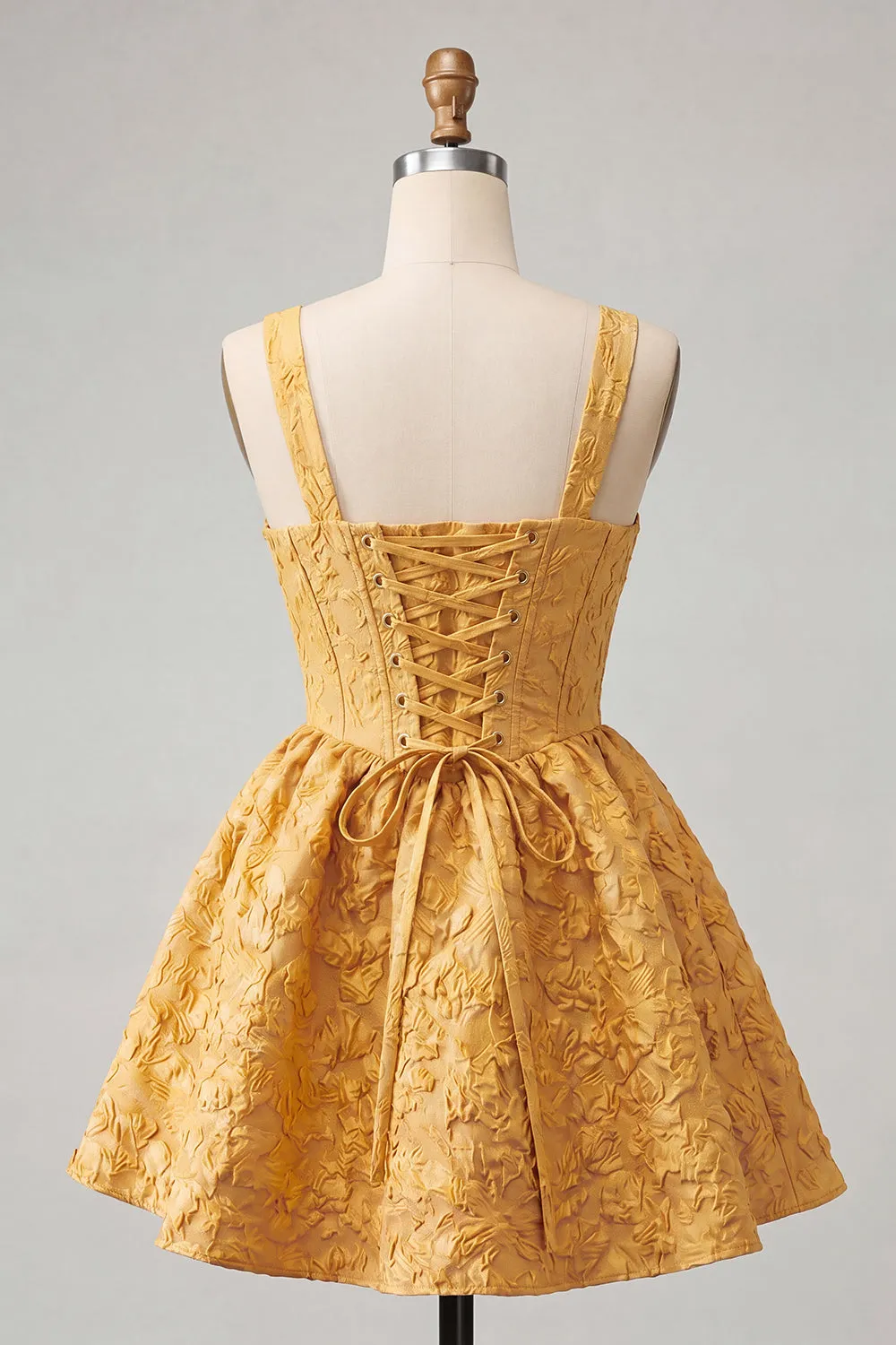 A-Line Jacquard Yellow Floral Lace Up Back Homecoming Dress with Bow sold by Zapaka product image thumbnail 2
