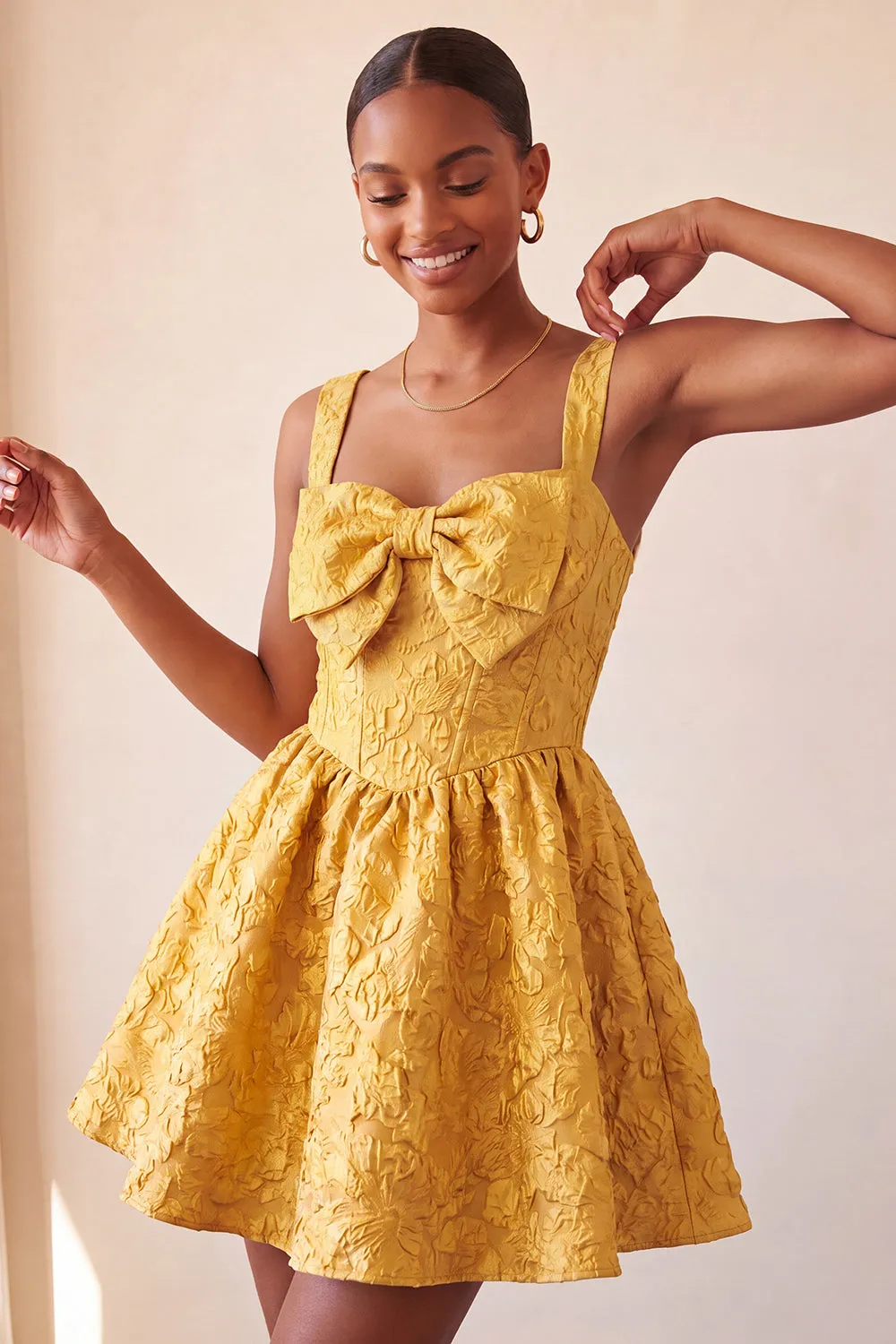 A-Line Jacquard Yellow Floral Lace Up Back Homecoming Dress with Bow sold by Zapaka product image thumbnail 3