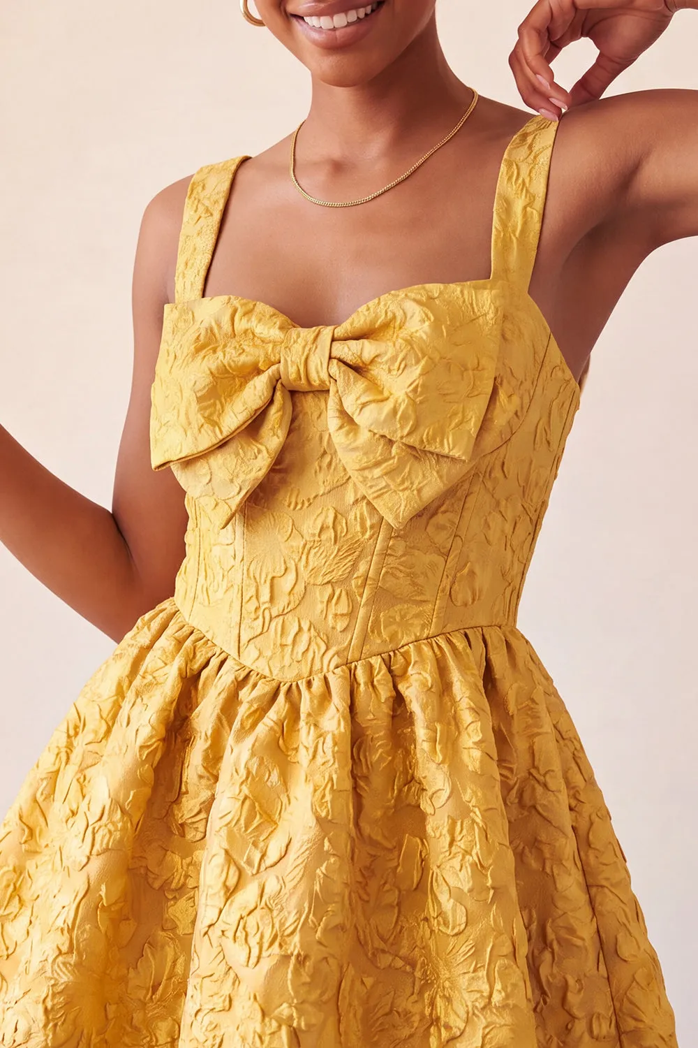 A-Line Jacquard Yellow Floral Lace Up Back Homecoming Dress with Bow sold by Zapaka product image thumbnail 5
