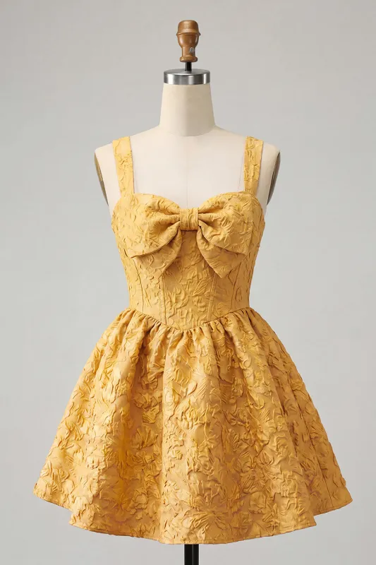 A-Line Jacquard Yellow Floral Lace Up Back Homecoming Dress with Bow made by Zapaka
