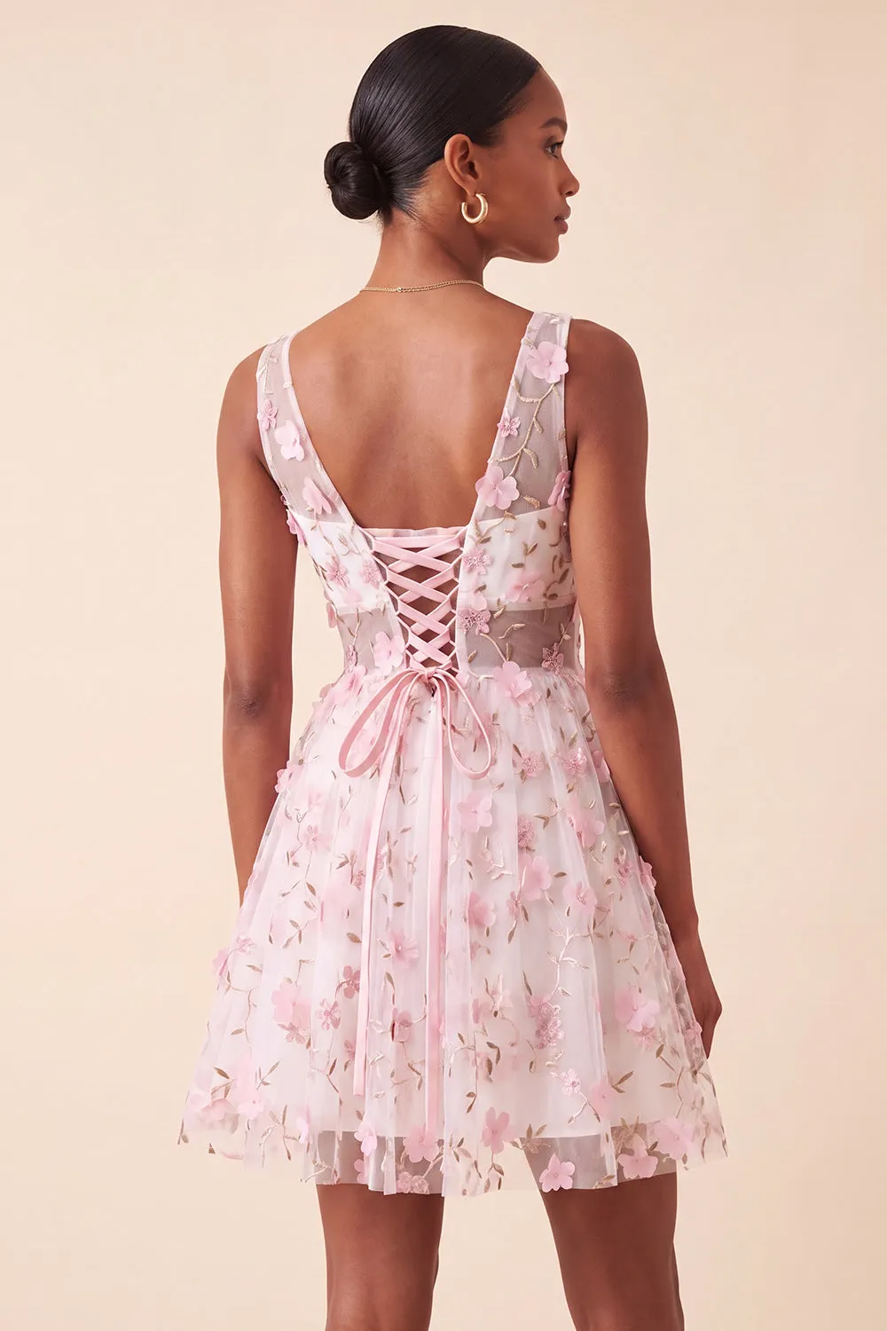 Blush V-Neck Floral A-Line Homecoming Dress with Lace Up Back sold by Zapaka product image thumbnail 4