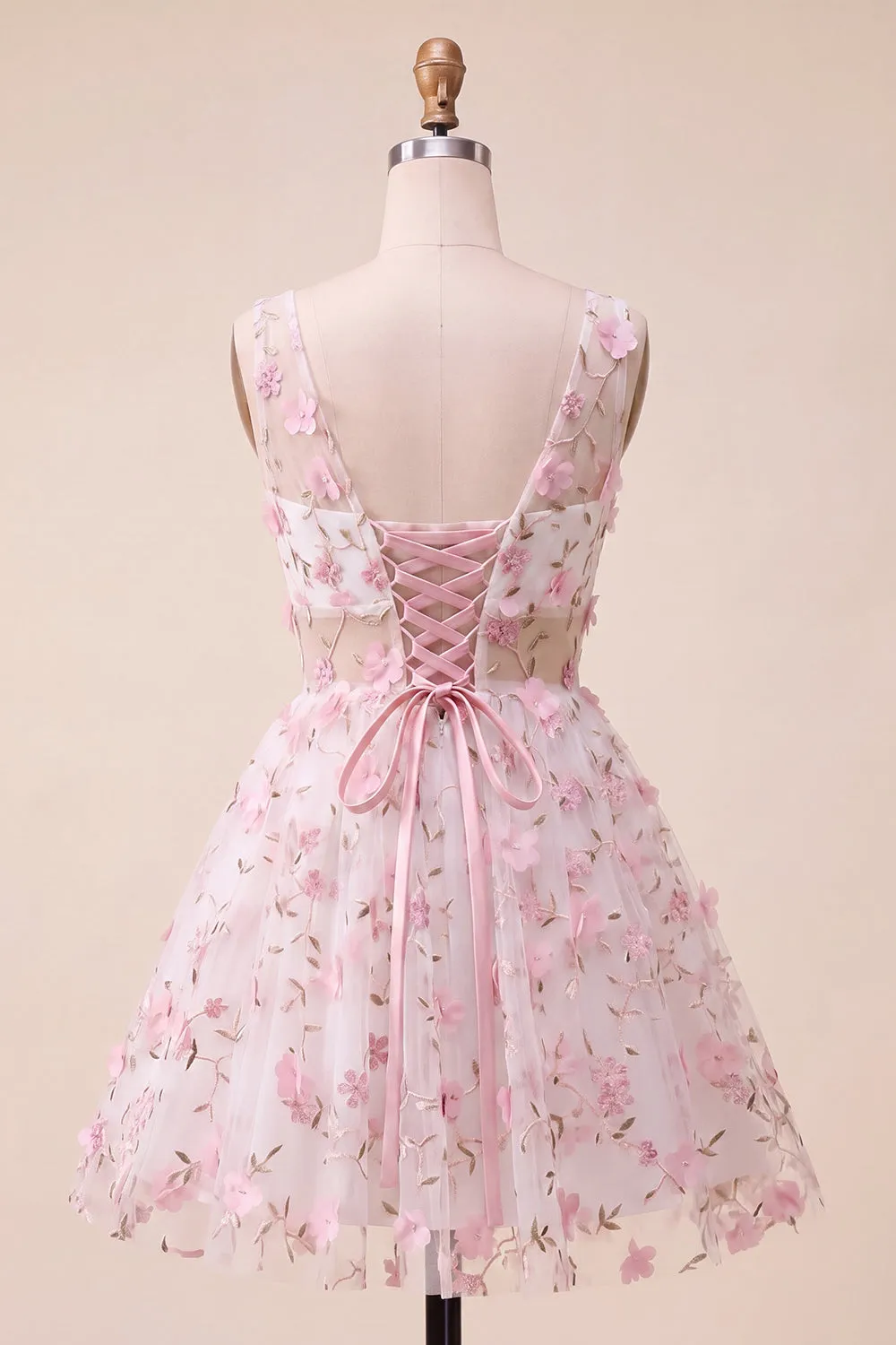 Blush V-Neck Floral A-Line Homecoming Dress with Lace Up Back sold by Zapaka product image thumbnail 2