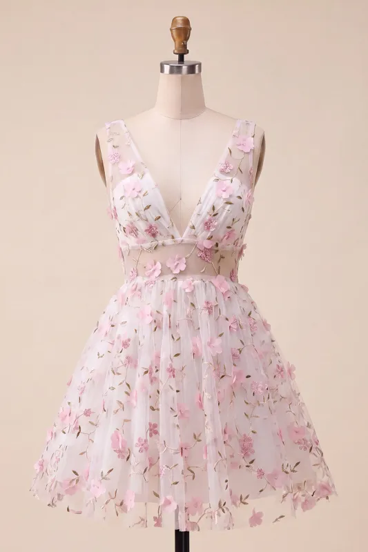 Blush V-Neck Floral A-Line Homecoming Dress with Lace Up Back made by Zapaka