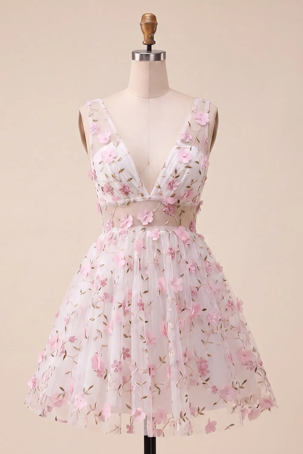 Blush V-Neck Floral A-Line Homecoming Dress with Lace Up Back sold by Zapaka