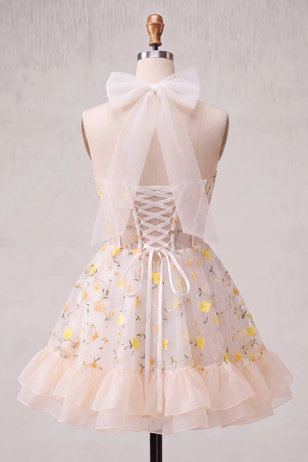 Light Yellow A-Line Ruffled Lace Up Back Sheer Corset Floral Homecoming Dress sold by Zapaka product image thumbnail 2