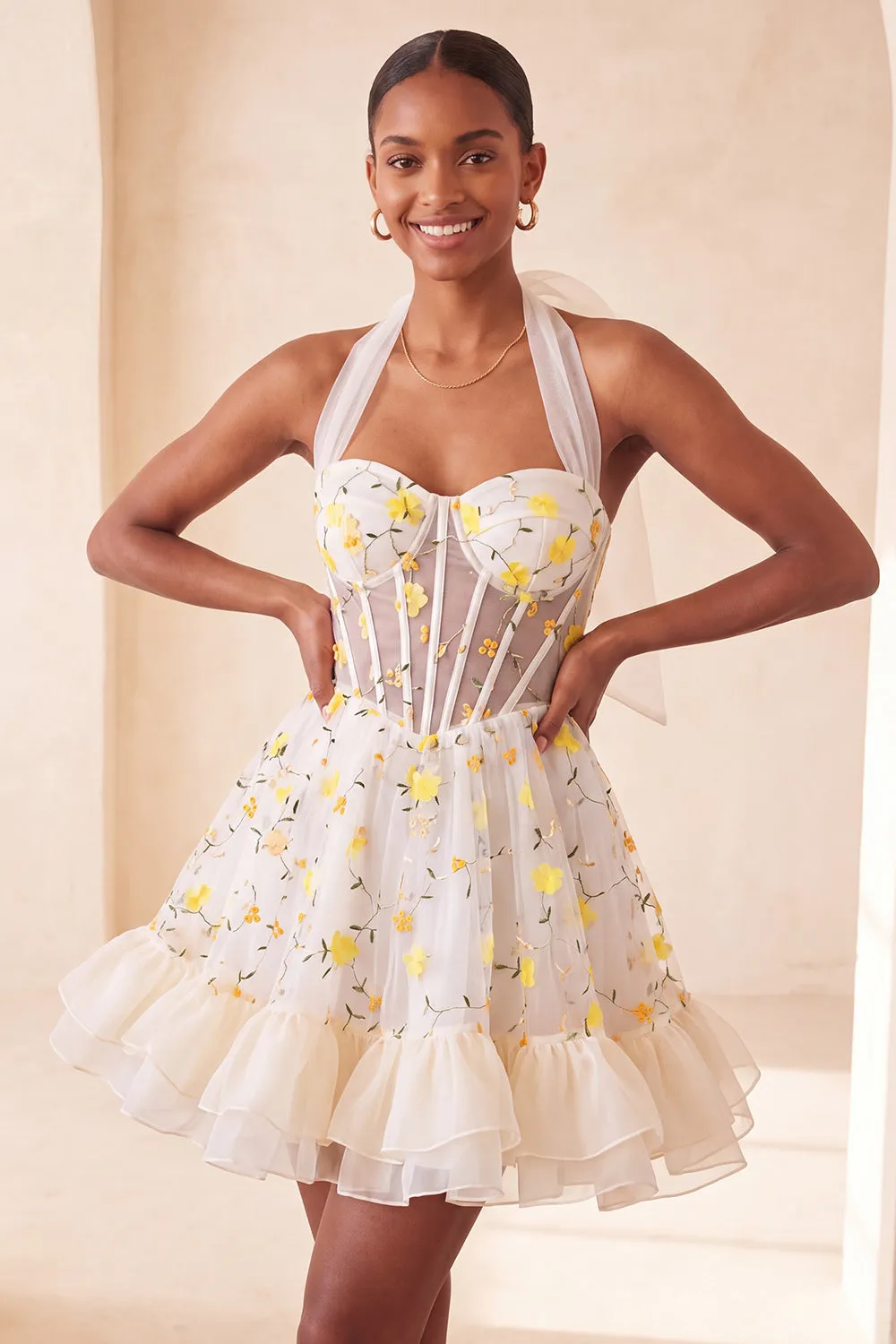 Light Yellow A-Line Ruffled Lace Up Back Sheer Corset Floral Homecoming Dress sold by Zapaka product image thumbnail 3