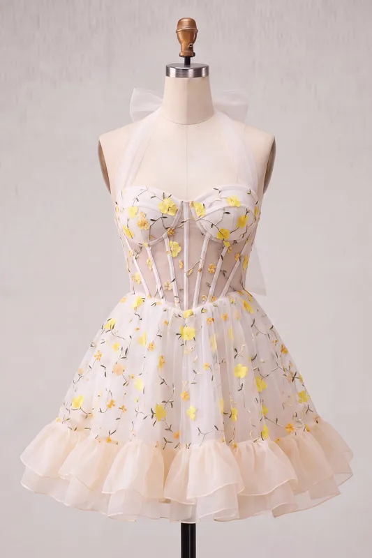 Light Yellow A-Line Ruffled Lace Up Back Sheer Corset Floral Homecoming Dress made by Zapaka