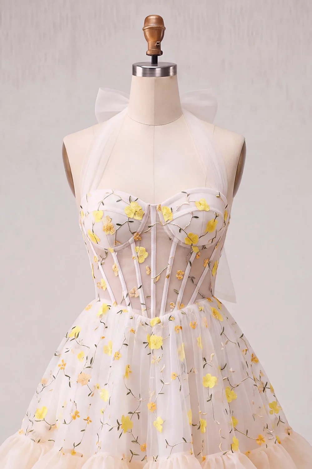 Light Yellow A-Line Ruffled Lace Up Back Sheer Corset Floral Homecoming Dress sold by Zapaka product image thumbnail 5