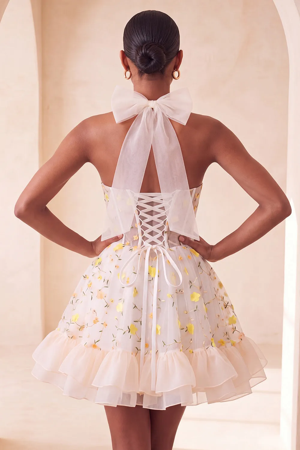 Light Yellow A-Line Ruffled Lace Up Back Sheer Corset Floral Homecoming Dress sold by Zapaka product image thumbnail 4
