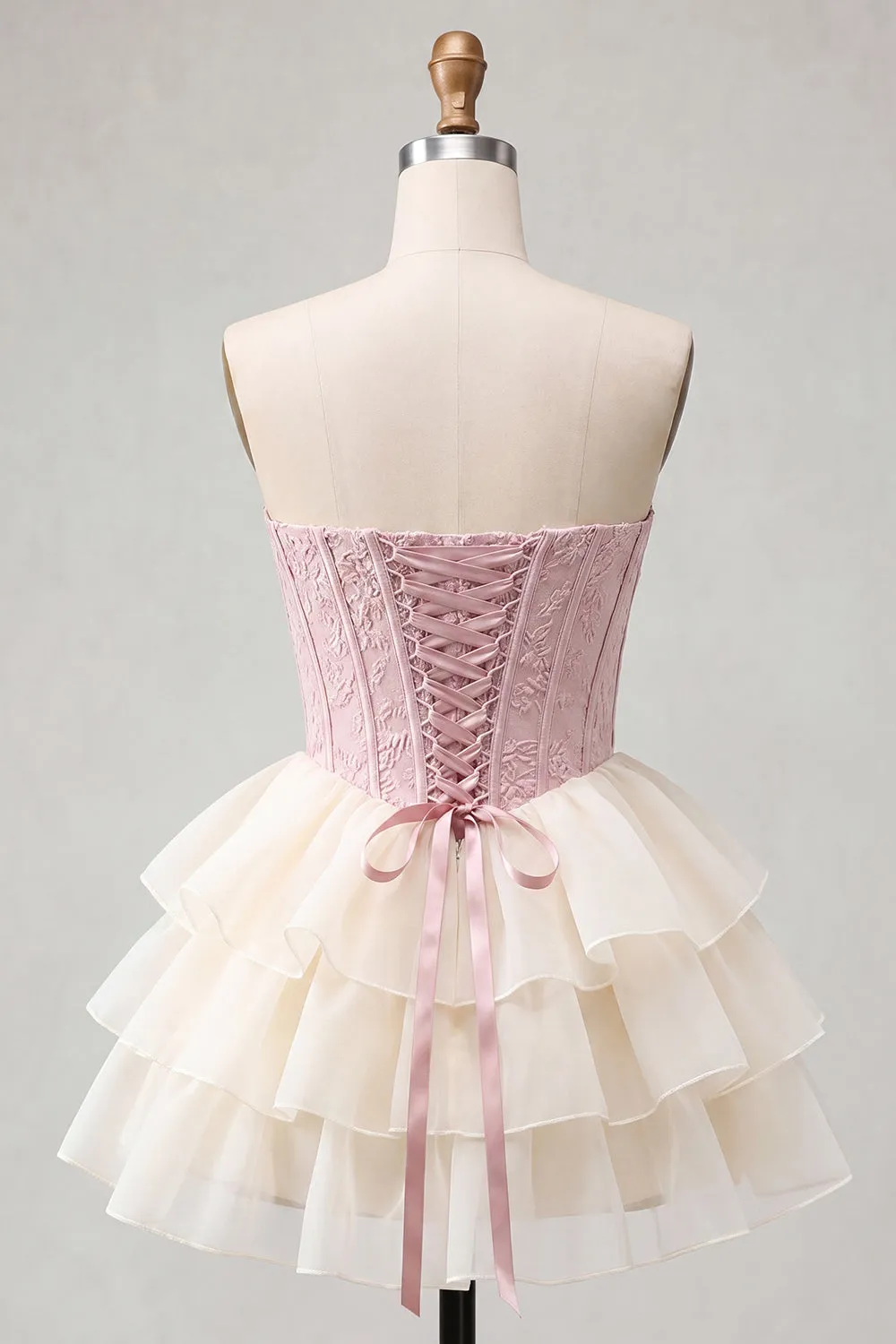 Pink Sweetheart A-Line Corset Jacquard Lace Up Back Tiered Homecoming Dress sold by Zapaka product image thumbnail 2