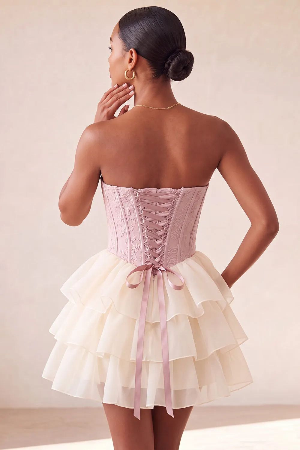 Pink Sweetheart A-Line Corset Jacquard Lace Up Back Tiered Homecoming Dress sold by Zapaka product image thumbnail 4