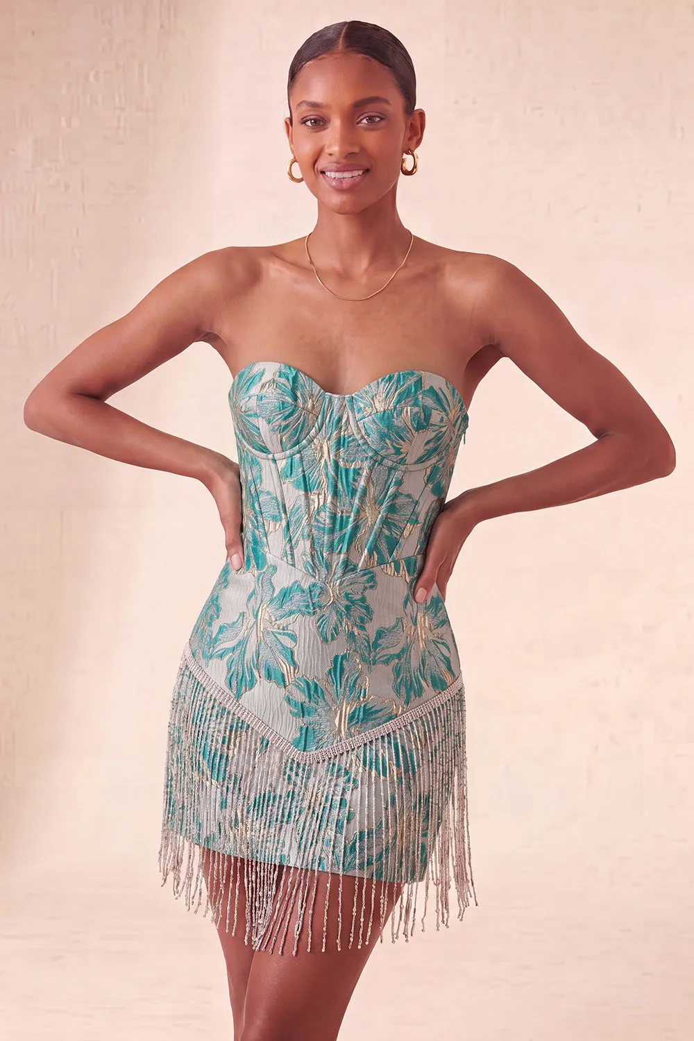 Lake Blue Sweetheart Corset Jacquard Lace Up Back Homecoming Dress with Fringes sold by Zapaka