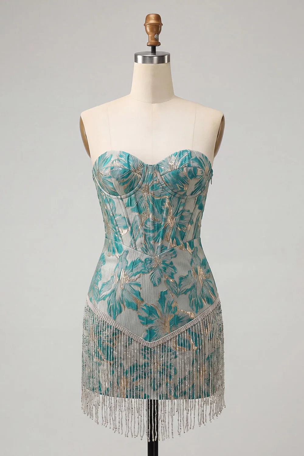 Lake Blue Sweetheart Corset Jacquard Lace Up Back Homecoming Dress with Fringes sold by Zapaka product image thumbnail 5