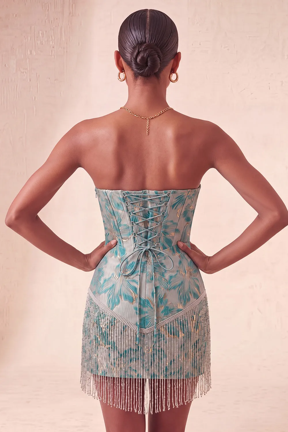 Lake Blue Sweetheart Corset Jacquard Lace Up Back Homecoming Dress with Fringes sold by Zapaka product image thumbnail 2