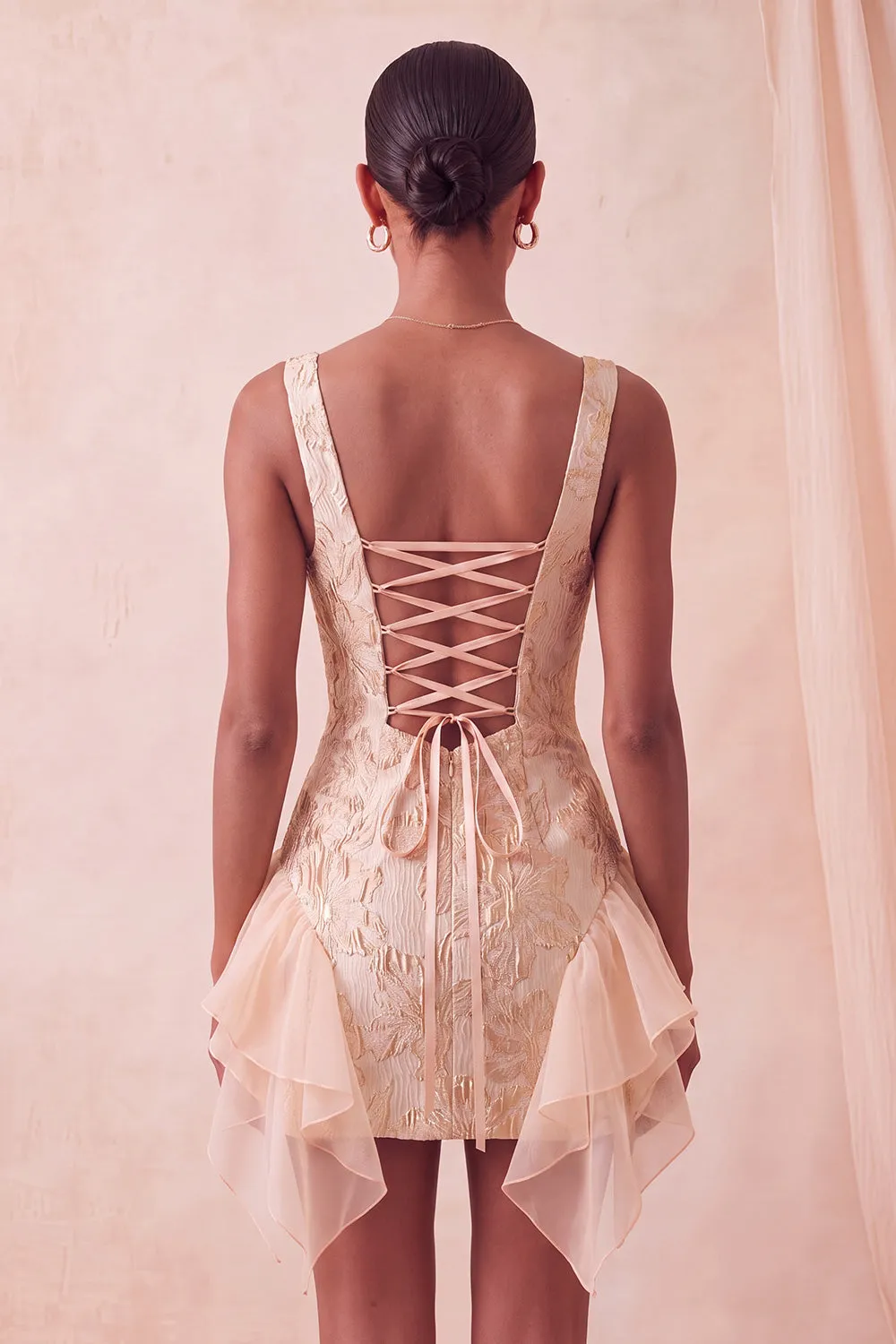 Champagne Jacquard Square Neck Lace Up Back Tight Homecoming Dress with Ruffles sold by Zapaka product image thumbnail 4