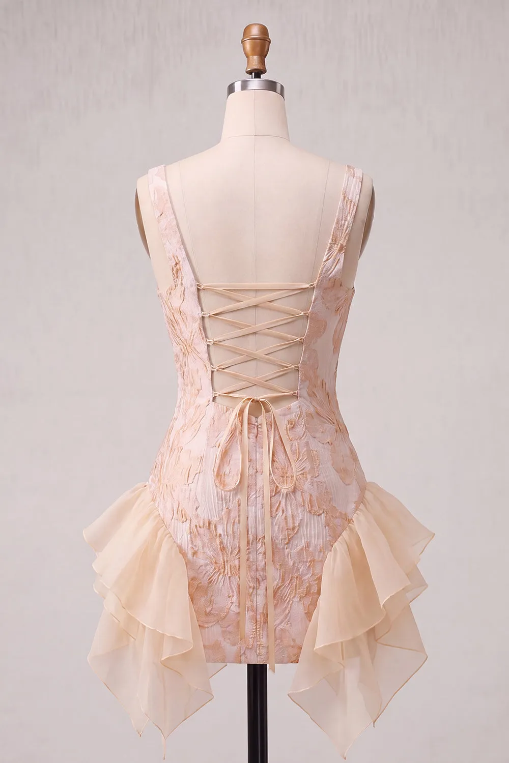 Champagne Jacquard Square Neck Lace Up Back Tight Homecoming Dress with Ruffles sold by Zapaka product image thumbnail 2